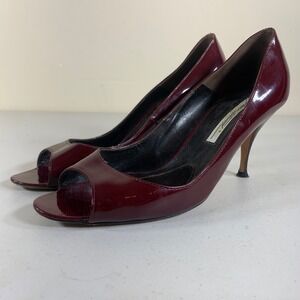 Brian Atwood Burgundy Patent Leather‎ Peep Toe High Heel Pumps 38.5 Made Italy